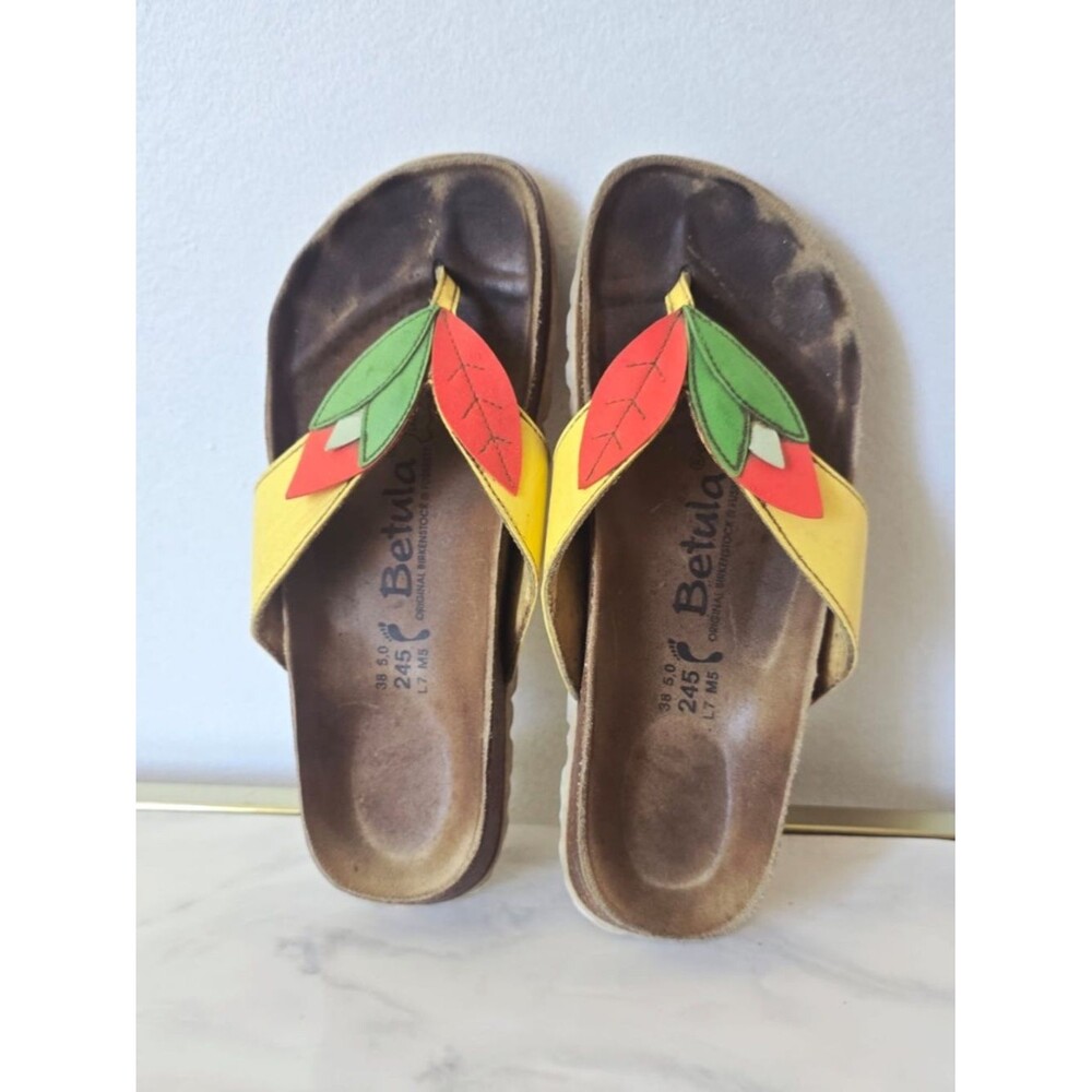 Birkenstock Betula Thong Yellow/Red, Green Leaf-shaped Embellishments Sndl Sz38.
